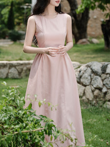 Pink Crew Neck Audrey Hepburn Inspired Vintage Dress