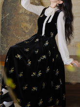 Load image into Gallery viewer, Two-Piece Set White Brushed-Lace Sweater and Black Floral Embroidered Velvet Dress