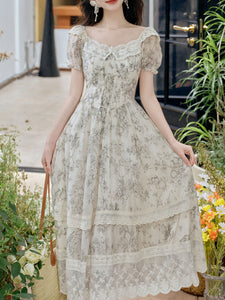 Grey Retro Print Lace Crew Neck Corset Tie-Strap Vintage Tea Dress