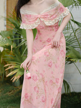 Load image into Gallery viewer, Pink Floral Rose Off Shoulder Lace Georgette Dress