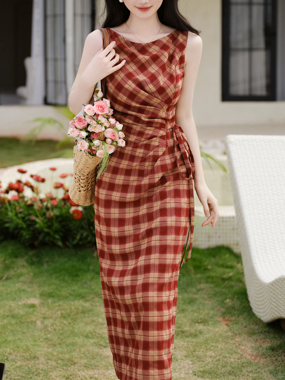 Brick Red Plaid 1950s Vintage Bodycon Dress, Red / M