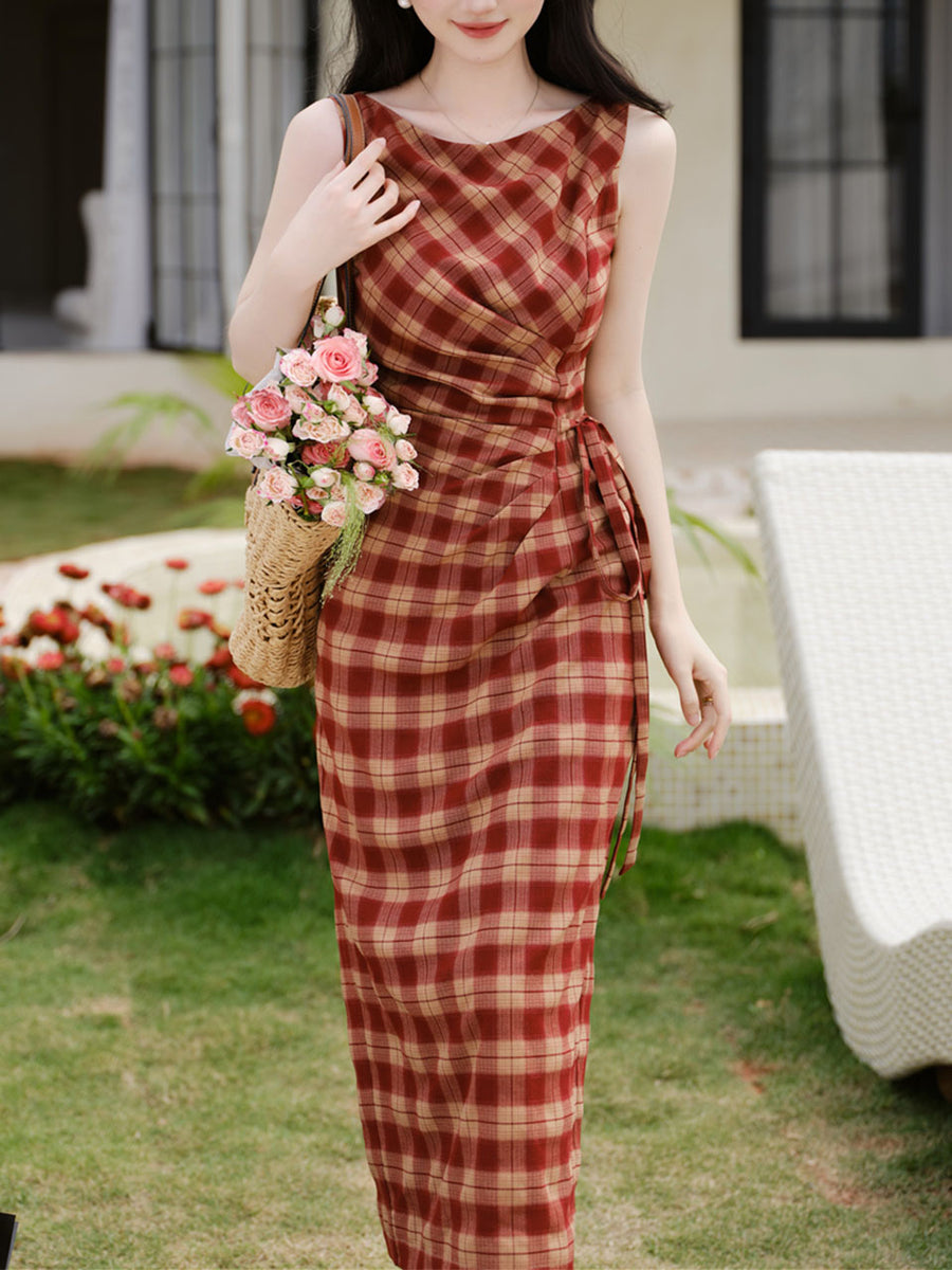 vintage bodycon dress Brick Red Plaid 1950S Dress, Red / M Wash:TERRA WASH wetfriday-24.2 12% Spandex Imported Model Free People Adella Corset