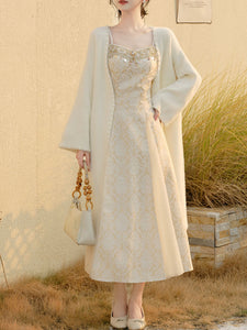 2PS Apricot Cardigan With Sequined Strap 50S Vintage Dress Set