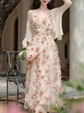 Load image into Gallery viewer, 2PS Pink Spaghetti Strap Floral Mesh Ruffles Fairycore Dress With Cardigan Suit