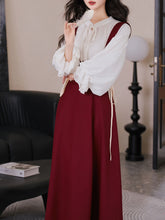 Load image into Gallery viewer, 2PS White Long Sleeve Blouse And Red Supender Skirt Dress Set