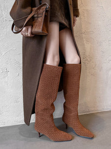 Women's Suede Knit High Heel Knee High Boots Vintage Shoes