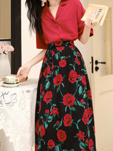 Load image into Gallery viewer, 2PS Red Casual Shirt and High Waist Rose Print Skirt Outfit