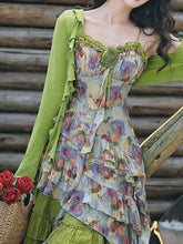 Load image into Gallery viewer, 2PS Boho Gypsy Floral Asymmetrical Maxi Dress Whimsical Green Crinkled Tiered Ruffle Dress for Festival