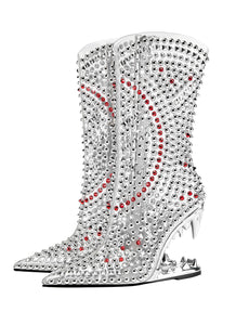 Silver High Heel Pointed Toes Luxury Bling Rhinestone Boots Shoes