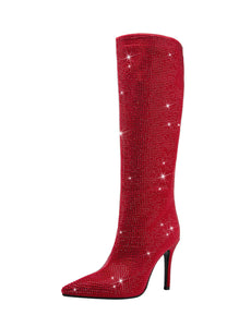 Red High Heel Pointed Toes Luxury Bling Rhinestone Boots Shoes