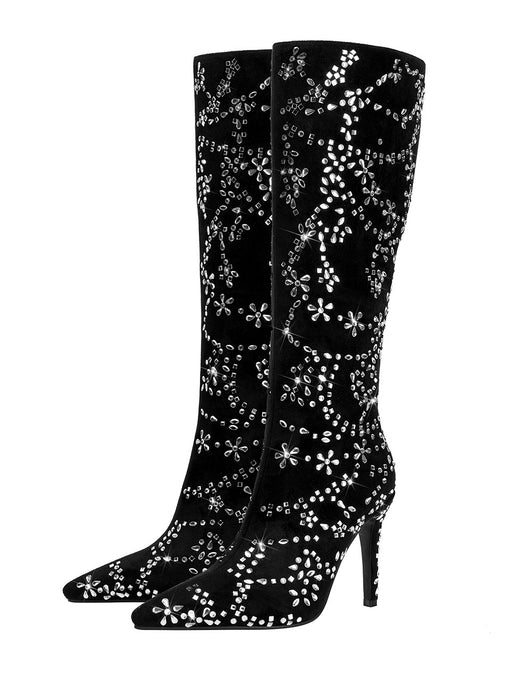 Black High Heel Pointed Toes Luxury Flower Bling Rhinestone Boots Shoes