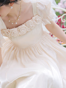 Apricot Square Collar Rose Handmade Short Sleeve Vintage 1950S Dress