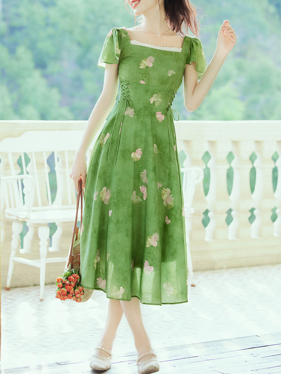 Green Square Neck Short Sleeve Floral Vintage Dress, Green / M