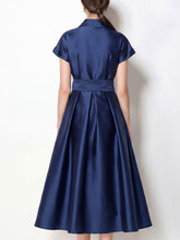 Load image into Gallery viewer, Vintage 1950s Audrey Hepburn Style Navy Satin Lapel Collar Midi Dress