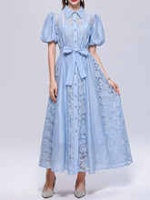 Load image into Gallery viewer, Pink Floral Lace Puff Short Sleeves A-Line Midi  Shirt Dress