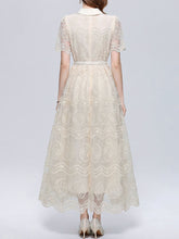 Load image into Gallery viewer, Beige Embroidered Lace Collared Shirt Dress with Belted Waist Short Sleeve Midi Dress