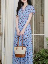 Load image into Gallery viewer, Blue V Neck Floral Print Vintage Dress