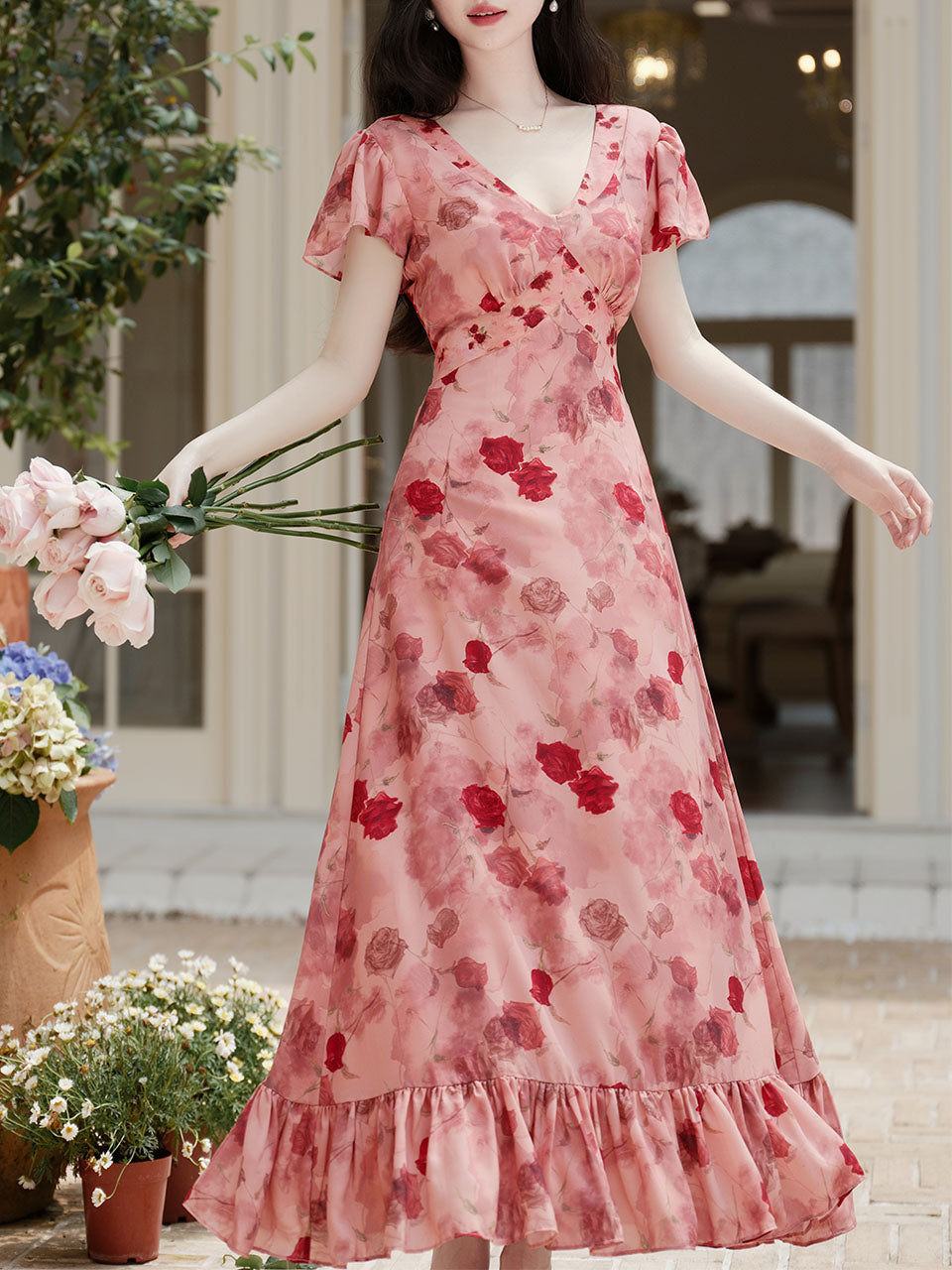 Pink V Neck Rose Print Vintage Dress, Pink / Xs Pink V Neck Rose Print Vintage Dress, Pink / Xs