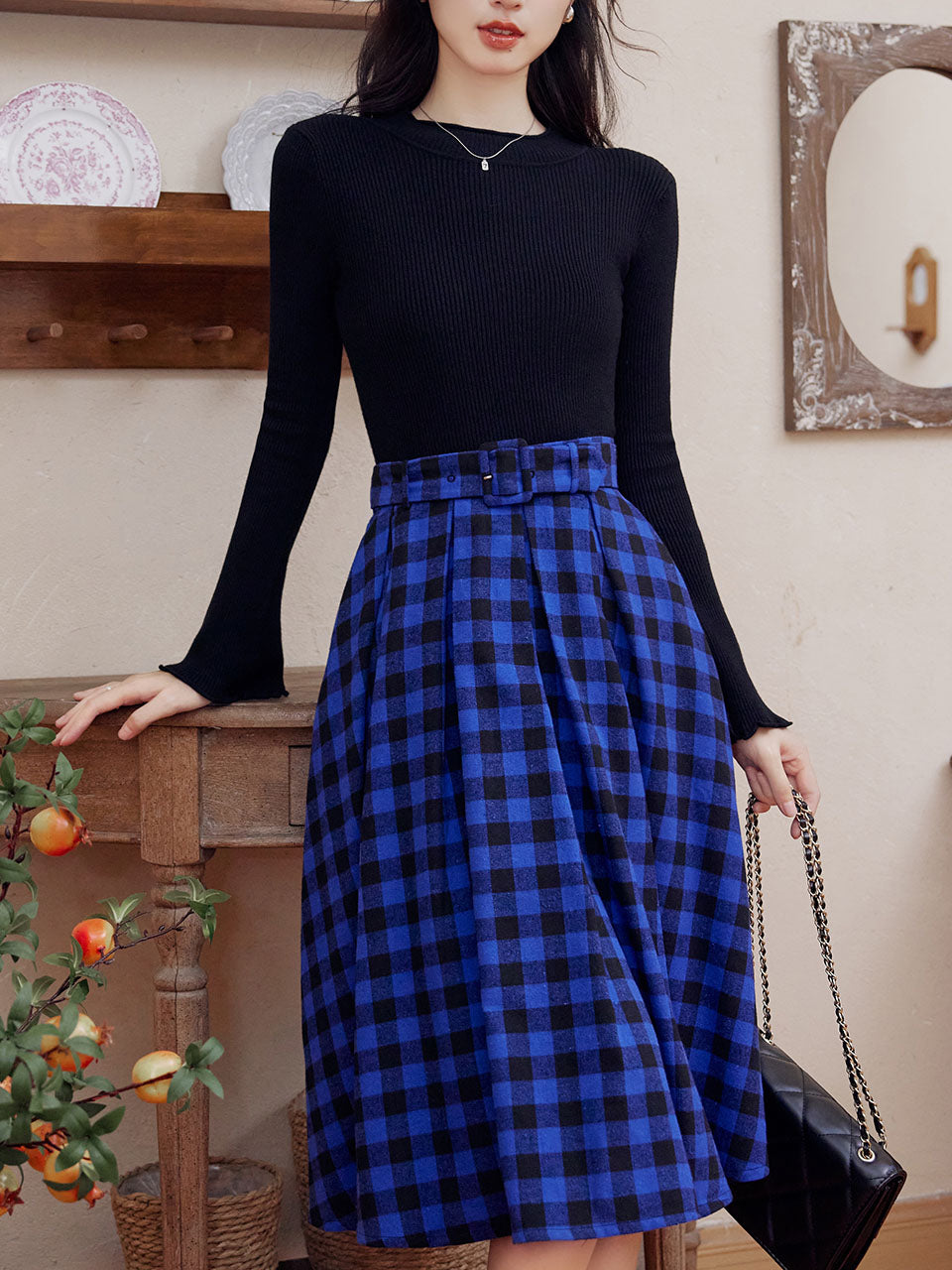 2 Piece Black Crew Neck Sweater and Blue Plaid Swing Skirt Set Jolly Vintage 2 Piece Black Crew Neck Sweater and Blue Plaid Swing Skirt Set Jolly Vintage
