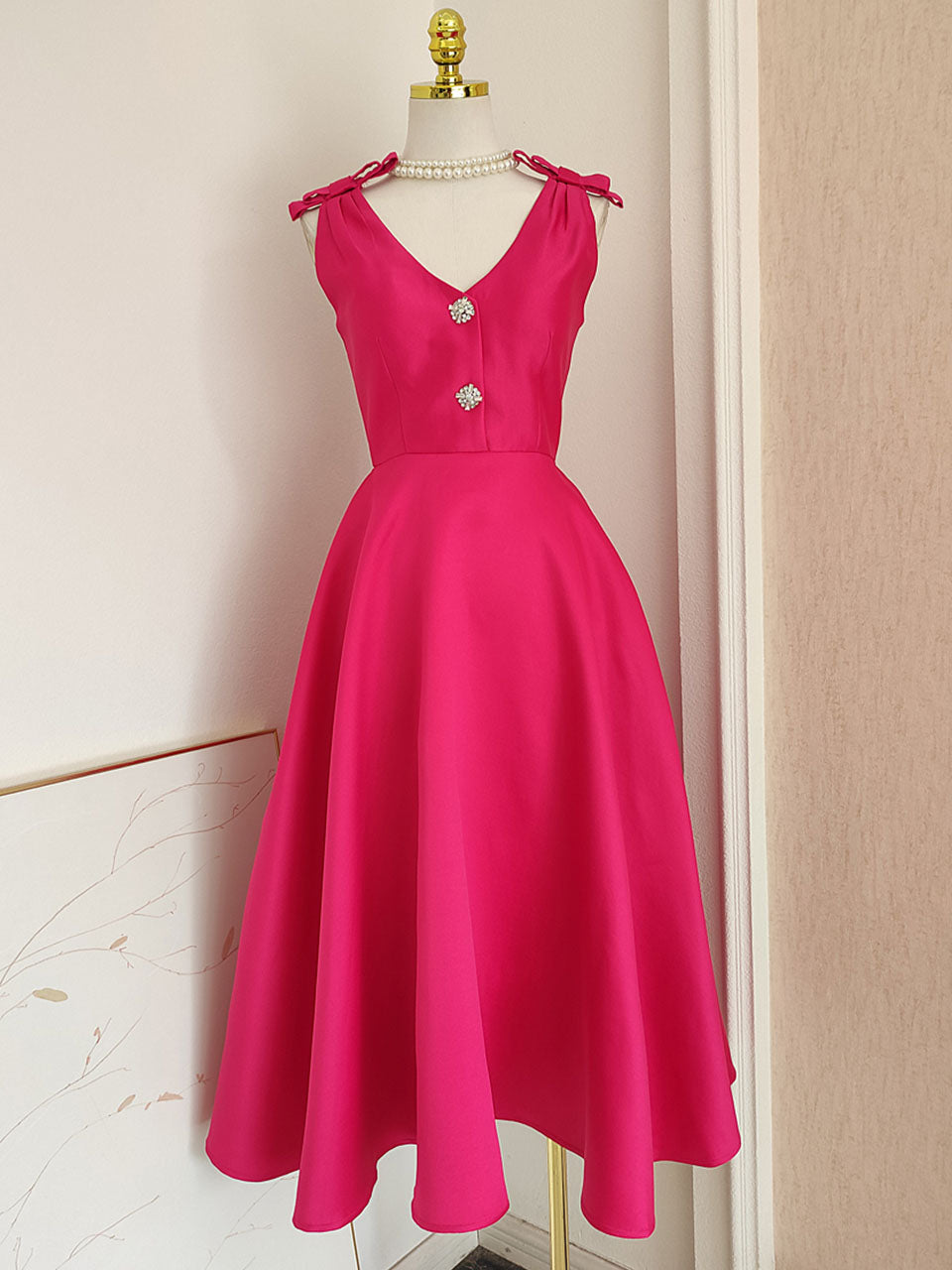 Rose Luxury Button V Neck High Waist Swing Party Dress With Pockets, Rose / S