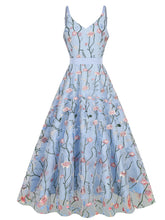 Load image into Gallery viewer, Baby Blue Semi Mesh Flower Embroidered Spaghetti Strap Sleeveless 1950S Swing Maxi Dress