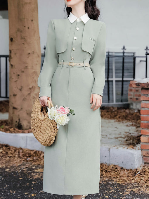 Light Green Fake Two-piece Shirt Lapel Windbreaker 1940s Vinatge Dress