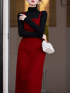 2PS Red Round Collar Long Sleeve Wool Coat With Strap Dress Suit