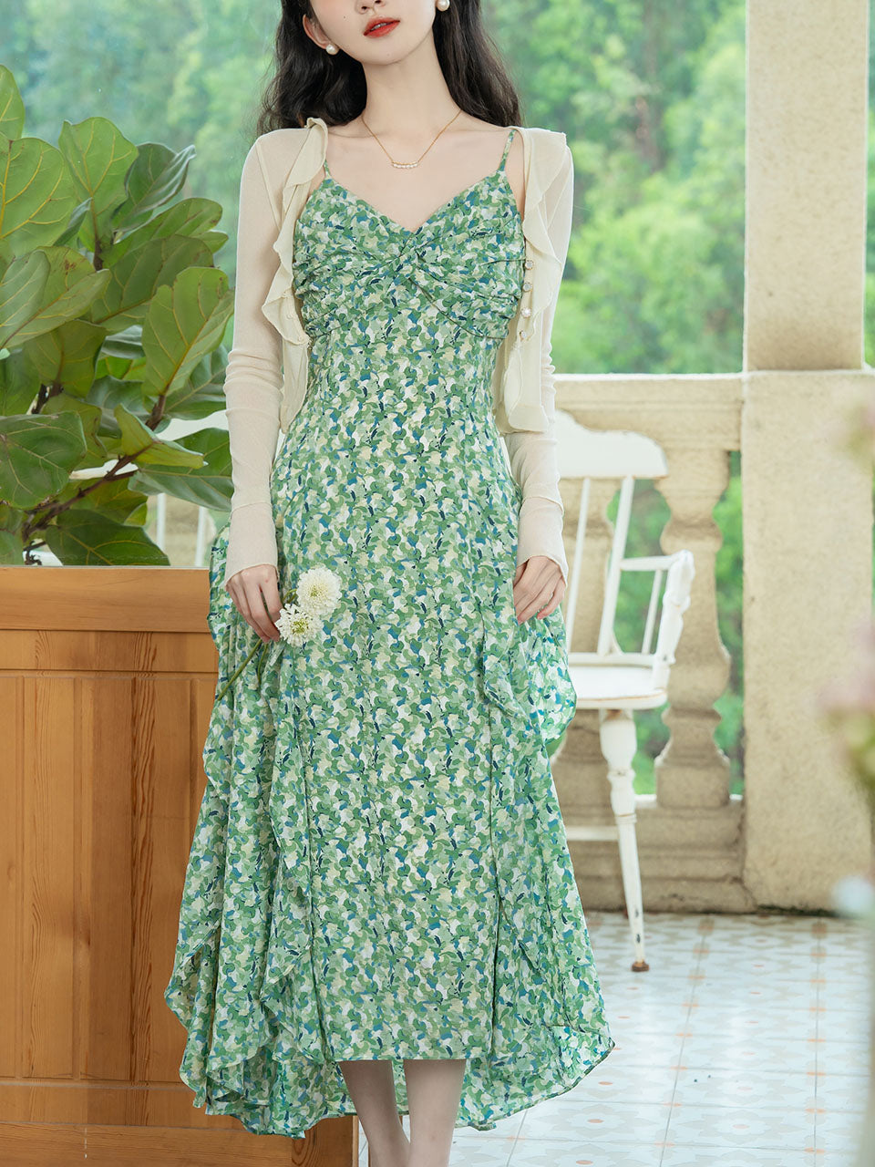 Green Floral Print Ruffles Spaghetti Strap Dress with White Cardigan, Green / Xs Green Floral Print Ruffles Spaghetti Strap Dress with White Cardigan, Green / Xs