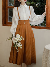Load image into Gallery viewer, 2PS White Long Sleeve Blouse And Yellow Stripe  Pockets Swing Skirt Dress Set