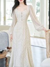 Load image into Gallery viewer, White Printed V-Neck Lace Lantern Sleeve Mermaid Dress