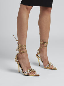 10CM High Heel Gold Rhinestones Square Toe Twine Sandals