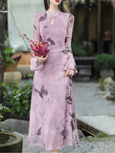 Load image into Gallery viewer, 1950S Vintage Purple Butterfly Print Long Sleeve Swing Dress