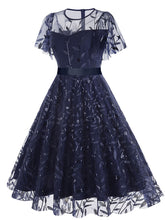 Load image into Gallery viewer, Baby Grey Semi Mesh Leaf Sequins Embroidered Short Sleeve 1950S Swing Dress