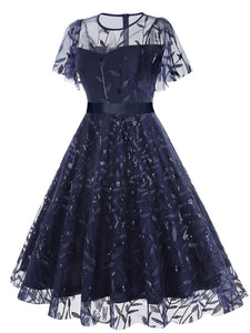 Baby Grey Semi Mesh Leaf Sequins Embroidered Short Sleeve 1950S Swing Dress
