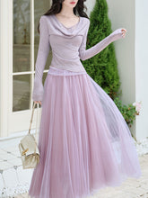 Load image into Gallery viewer, 2PS Purple Lace Long Sleeve T-shirt And Purple Swing Tulle Skirt Suits