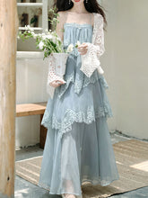 Load image into Gallery viewer, Blue Lace Spaghetti Strap Irregular Tiered Maxi Dress