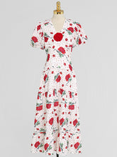Load image into Gallery viewer, Red V Neck Floral Print Puff Sleeve Vintage Dress