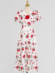 Red V Neck Floral Print Puff Sleeve Vintage Dress