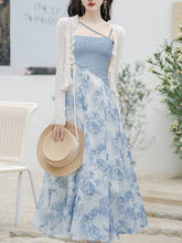 Load image into Gallery viewer, 2PS Blue Rose Spaghetti Strap 1950S Vintage Dress With Long Sleeve Ruffles Cardigan