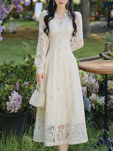 White V-Neck Long Sleeve Lace Vintage Wedding Dress
