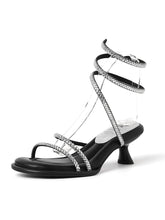 Load image into Gallery viewer, Women&#39;s Square Toe Rhinestones Stiletto Sandals Leather Vintage Shoes