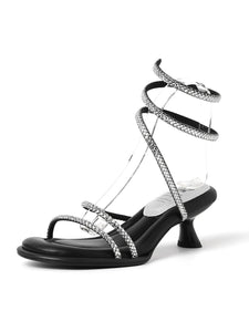 Women's Square Toe Rhinestones Stiletto Sandals Leather Vintage Shoes