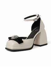 Load image into Gallery viewer, Women&#39;s  Round Toe Bow Chunky Heel Leather Vintage Shoes