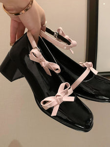 Women's  Round Toe Bow Chunky Heel Leather Vintage Shoes