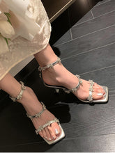 Load image into Gallery viewer, Women&#39;s Square Toe Flower Rhinestones Stiletto Sandals Leather Vintage Shoes