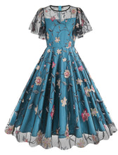 Load image into Gallery viewer, Lake Blue Semi Mesh Rose Embroidered Short Sleeve 50S Swing Dress