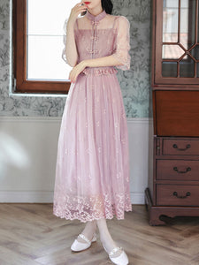 Embroidered Puff Short Sleeve Edwardian Revival Dress