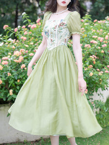 Green Square Collar Floral Print Corset Short Sleeve Vintage 1950S Dress