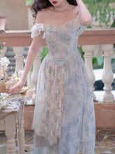 Load image into Gallery viewer, Blue Square Collar Lace Floral Print Ruffles Vintage 1950S Dress