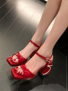 Women's  Square Toe Bow Chunky Heel Sandals Leather Vintage Shoes
